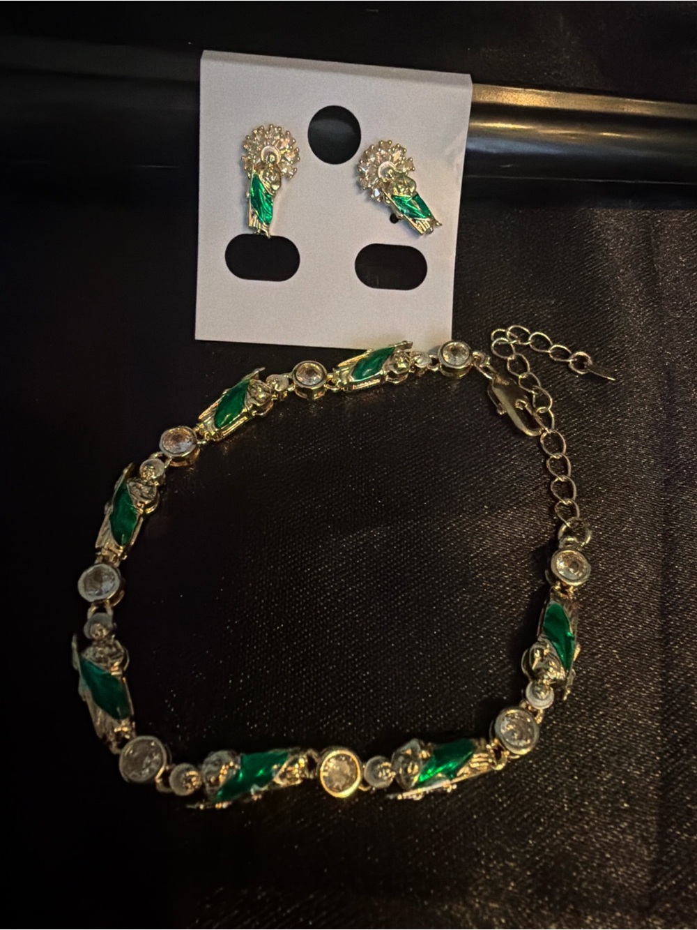 Gold-Tone Necklace and Stud Earring Set with Emerald Green Crystals